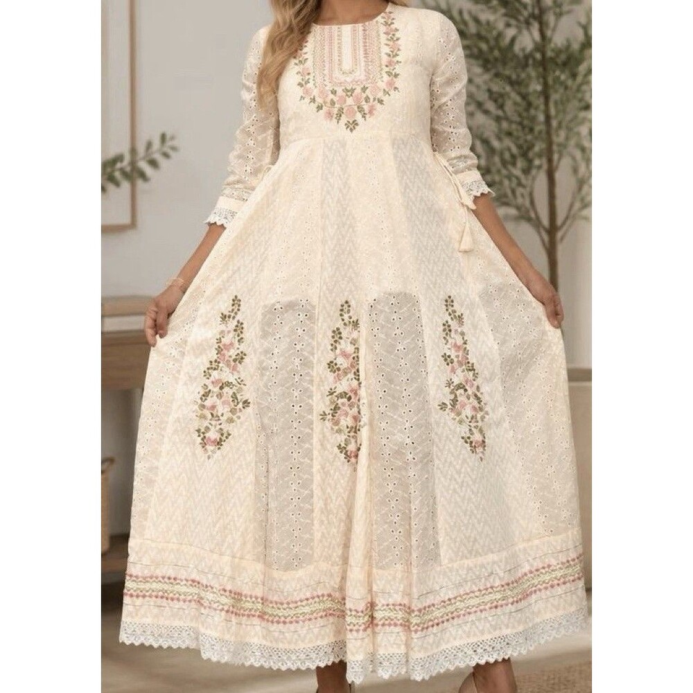 New Embroidered Boho Eyelet Fabric With Lace Embellishment Maxi Dress Size-S - Picture 3 of 4